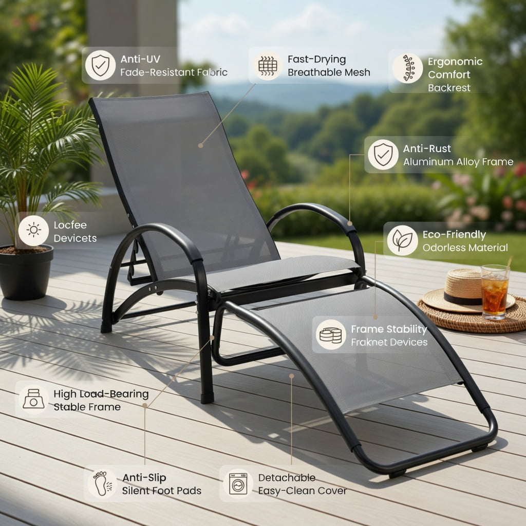 Hommoo 2-in-1 Aluminum Outdoor Rocking Lounge Chair with 4-Position Adjustable Backrest, for Patio, Poolside, Balcony & Yard, Gray
