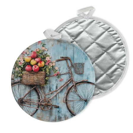 

2 PCS Pot Holders for Kitchen Potholders Sets with Hook for Oven Cooking Baking Old Bicycle And Basket Full Of Apples And Flowers