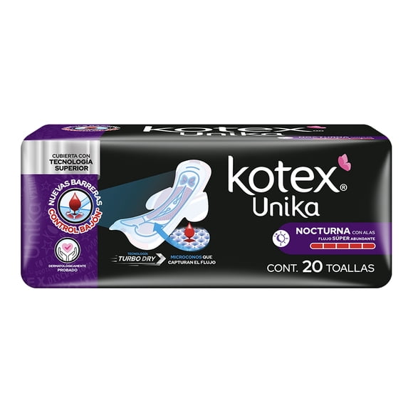 Toallas femeninas Kotex Unika nocturna flujo súper abundante con alas 20 pzas