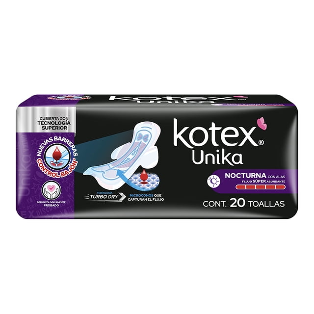 Toallas femeninas Kotex Unika nocturna flujo súper abundante con alas 20 pzas