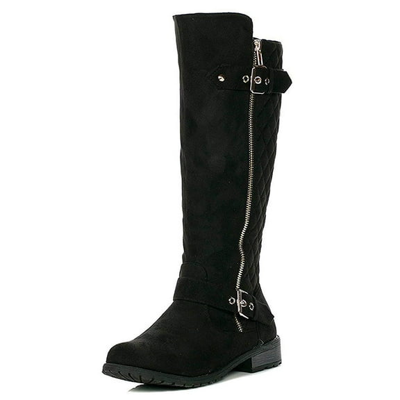 Forever Mango-23 Black Fashion Leather Two Buckles Knee High Riding Boots (Black, 6.5)