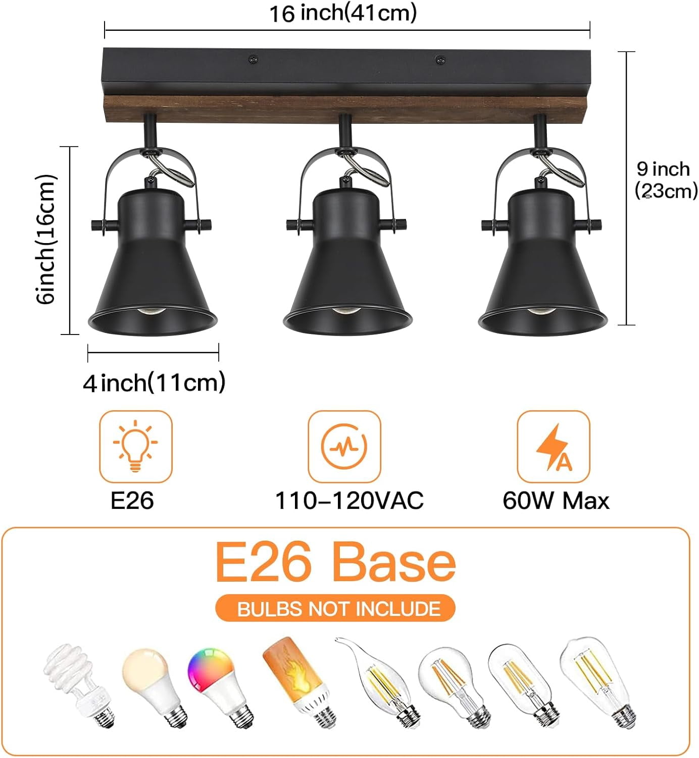 KEESFU 3-Light Industrial Track Lighting Fixture, Black Round Head Ceiling Spot Light with Wood Accent, Adjustable Wall Light for Kitchen Living Room