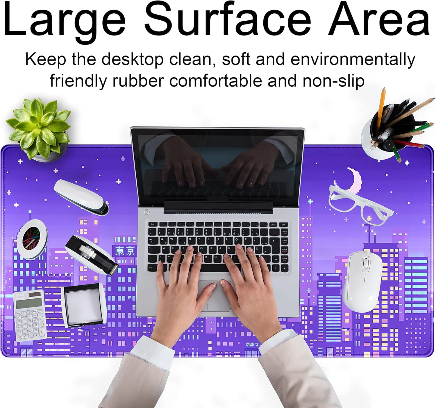 Purple Anime Tokyo City Mousepad Retro Neon Pixel XXL Deskmat, Gaming Anime Cool Kawaii Large Mouse Pad, 31.5x15.75 Inch, Perfect for Girl Gamers