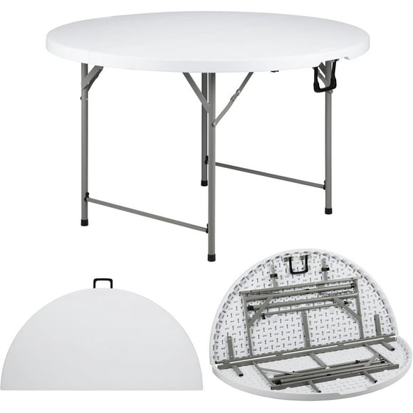 48" Round Folding Table, 900 lb Weight Capacity, Double Folding Table, Thickened Coated Steel Frame, Thickened High-Density HDPE, Camping, Picnic, Party, White