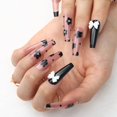 thumbnail image 5 of Lindas uñas largas prensadas en ataúd, diseño de uñas postizas negras brillantes, lazo de flores, punta de uñas postizas francesas, zapatos de ballet, cubierta completa, palo sintético de Halloween para damas y niñas, 24 piezas ER, 5 of 5
