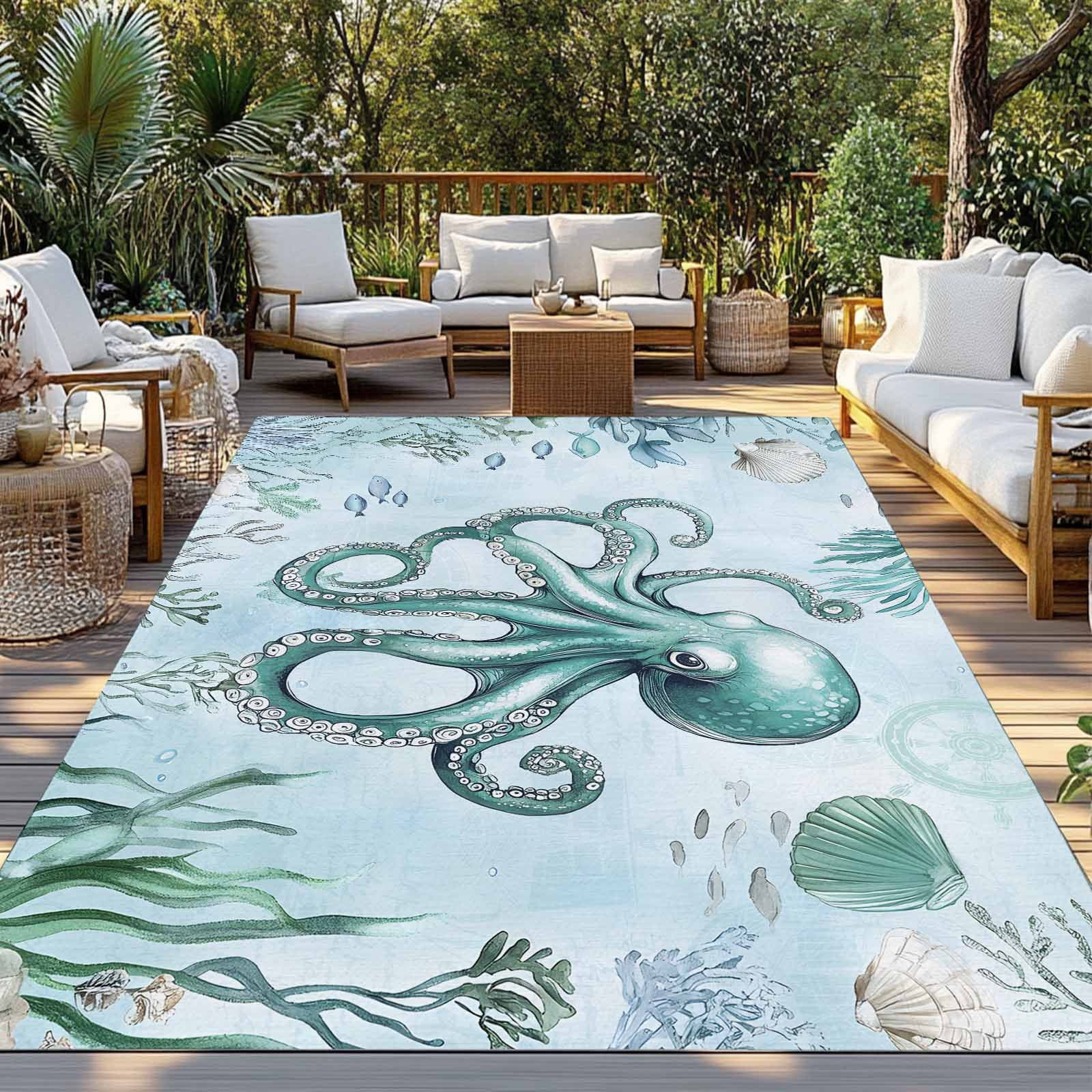 Fsddascl Coastal Octopus Outdoor Rug for Patio/Deck/Porch, Non-Slip Large Area Rug 5 x 8 Ft, Cyan Nautical Fish Shells Seaweeds Indoor Outdoor Rugs Washable Area Rugs, Reversible Camping Rug Carpet