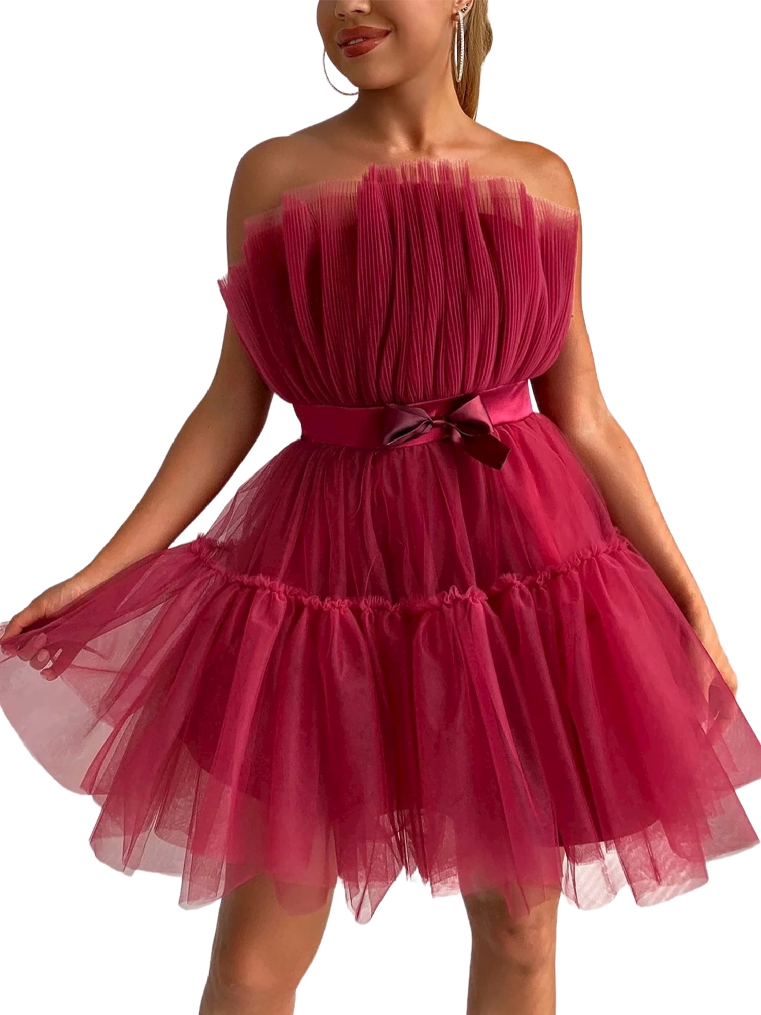 JustVH Women Strapless Solid Color Bow Gauze Ball Gown Backless Party