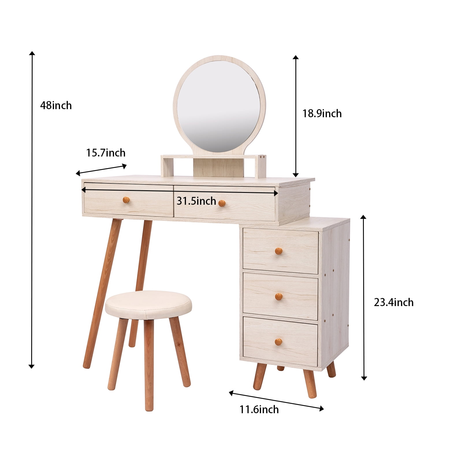Spaco Makeup Vanity Table with Cushioned Stool, 5 Drawers, Mirror, Makeup Furniture Length Adjustable, Dressing Table for Bedroom, White Spaco Makeup Vanity Table with Cushioned Stool, 5 Drawers, Mirror, Makeup Furniture Length Adjustable, Dressing Table for Bedroom, White