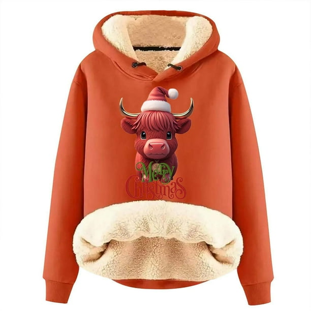 WILLBEST Sudadera con Capucha para Mujer, Estampado Navideño de Vaca, Cálida XXXXX-Grande