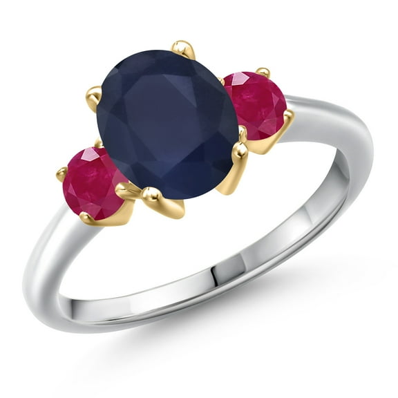 Gem Stone King 10K Two Tone Gold Blue Sapphire and Red Ruby Engagement Ring for Women | 2.90 Cttw | Oval 9X7MM | Gemstone September Birthstone | Size 6