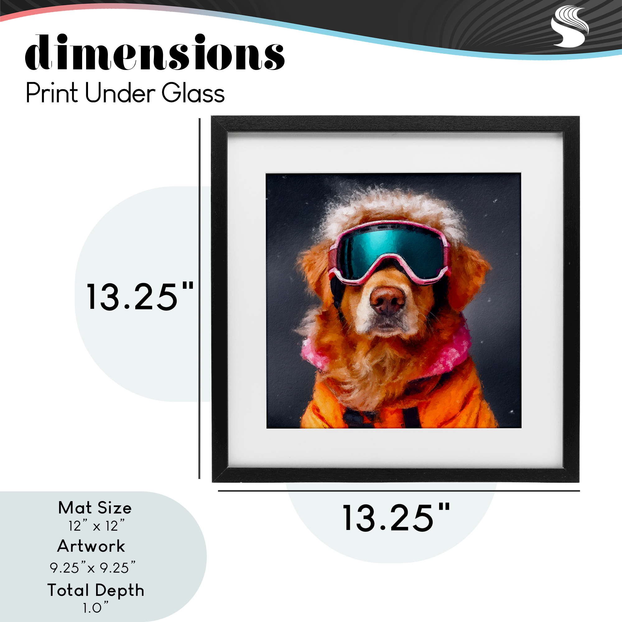 Ski Dog with Goggles Black Framed Print Under Glass, design by Sean Parnell