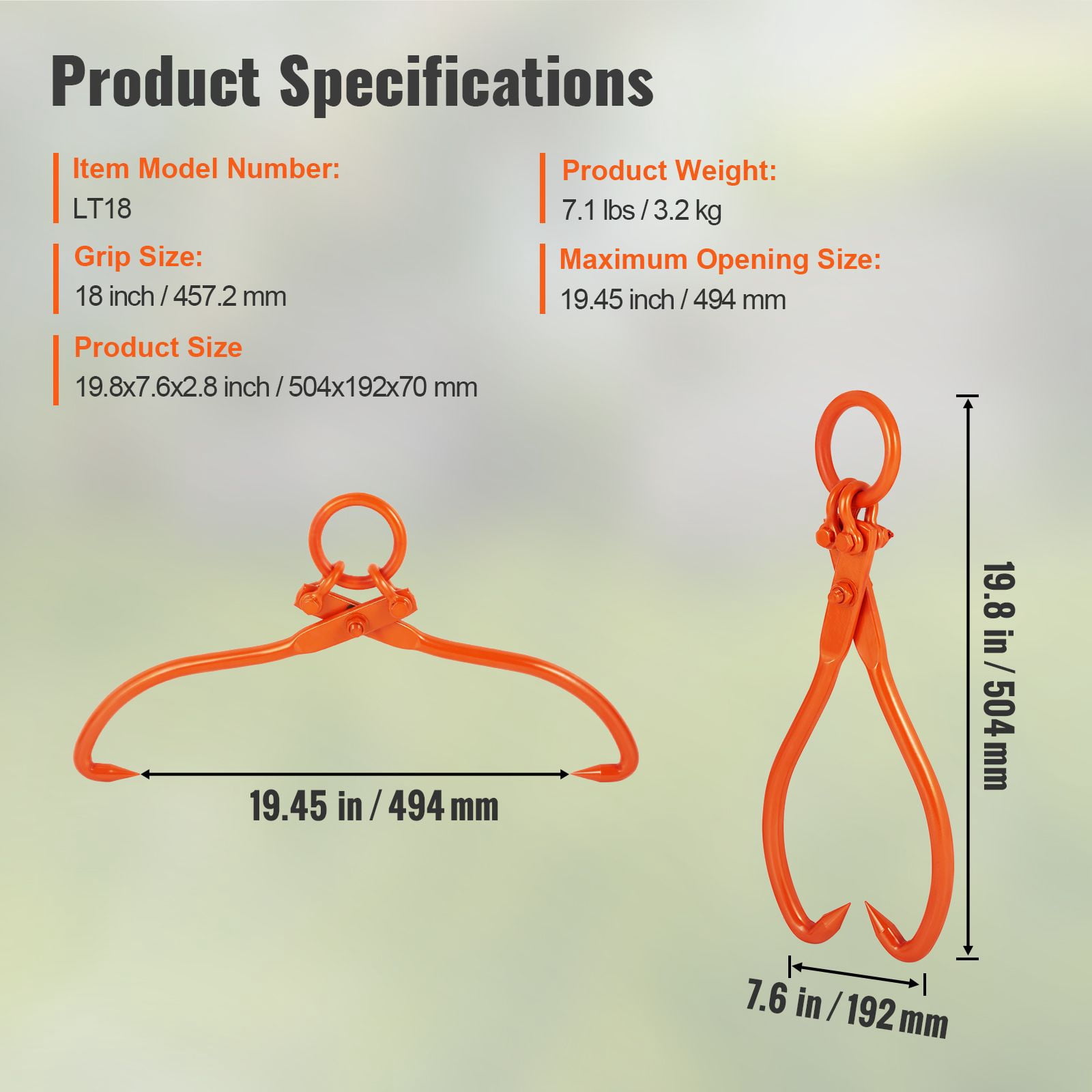 Log Skidding Tongs with 19.45" Max Opening, 772 lbs Capacity, #45 Steel, Eagle Claw Design, for Tractor ATV Truck Log Transport