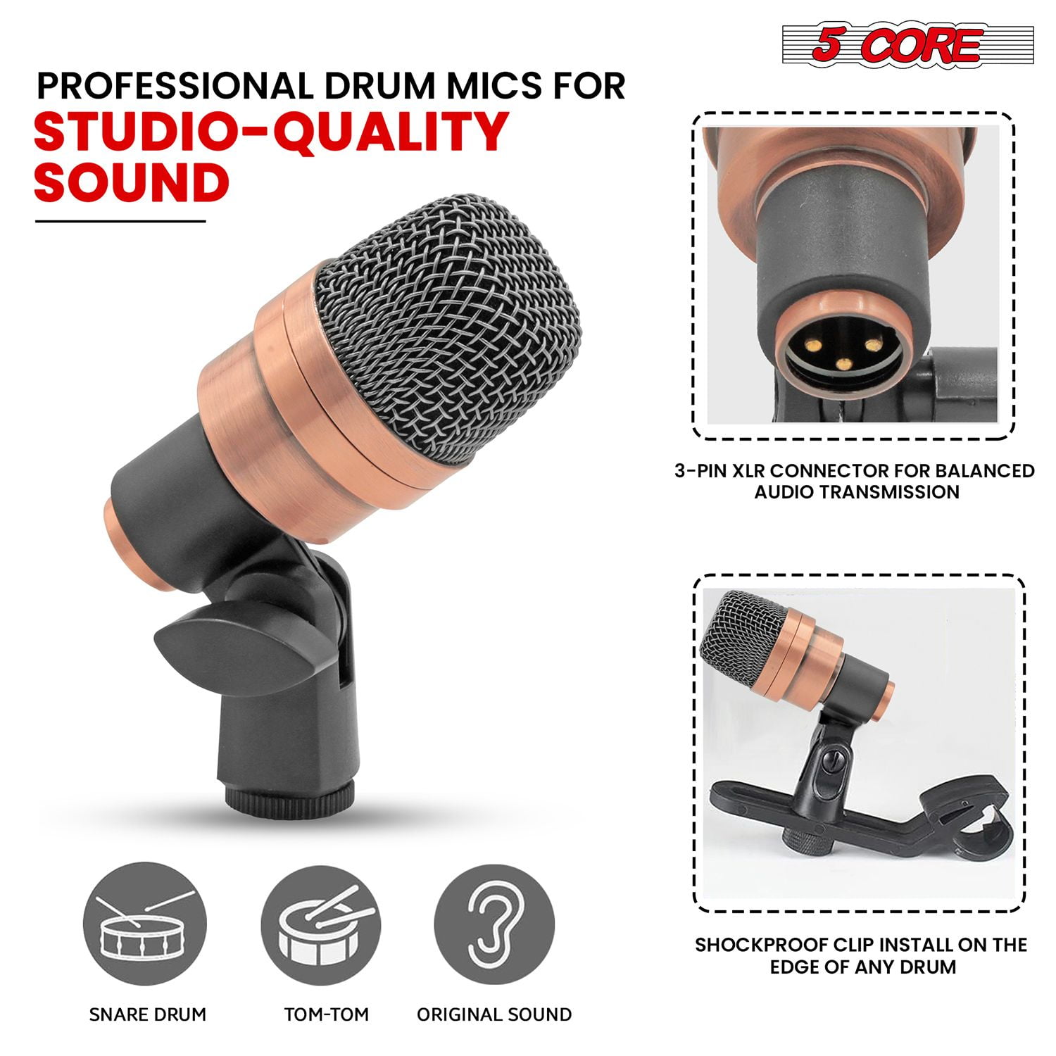 3XP Copperex Professional XLR Cardioid Mic Kit – 3-Piece Condenser Set for Conga, Snare, Tom (50Hz-18KHz) w/ Tripod, Mounts & Windscreen