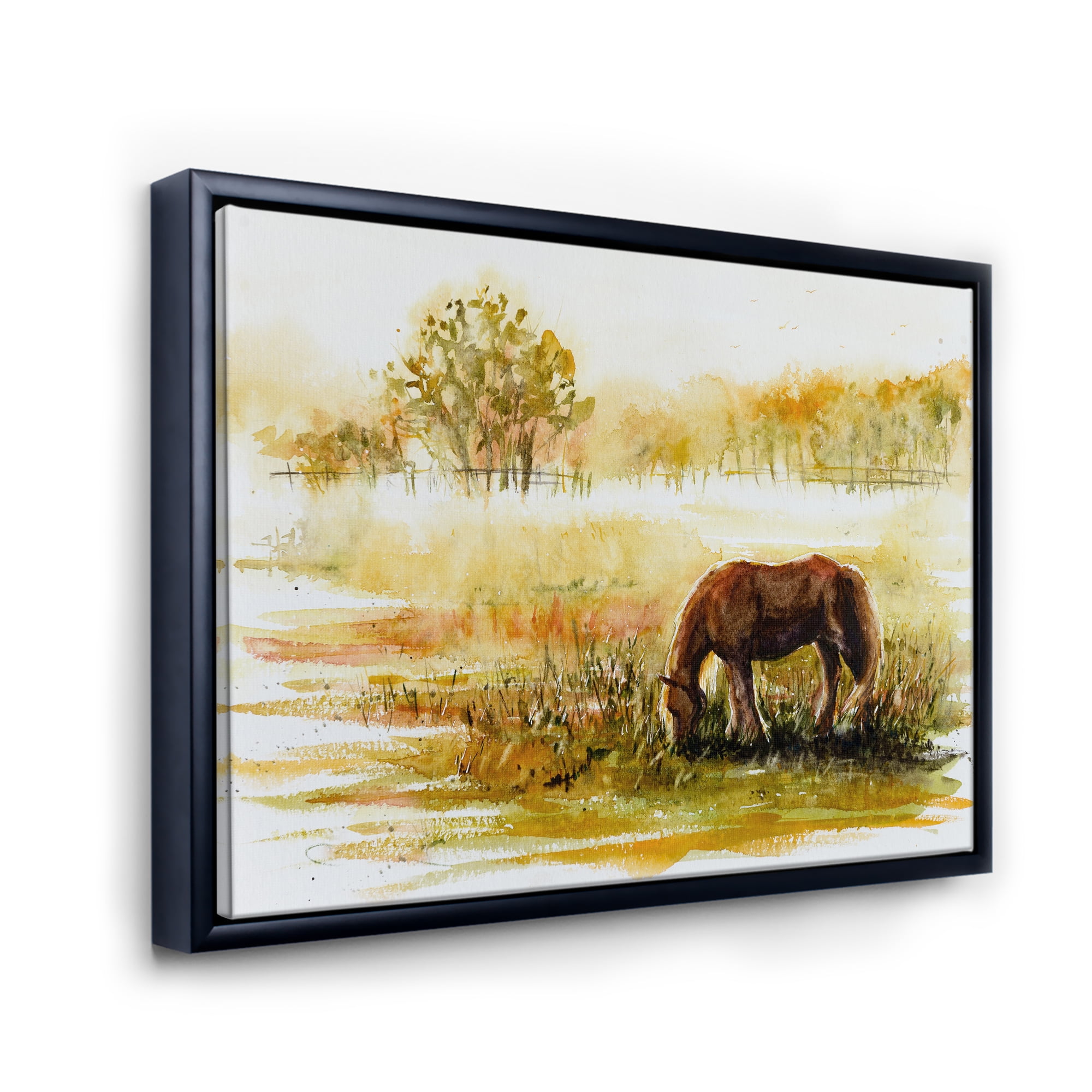 Designart 'Horse Eating Grass On A Meadow' Farmhouse Framed Canvas Wall Art Print