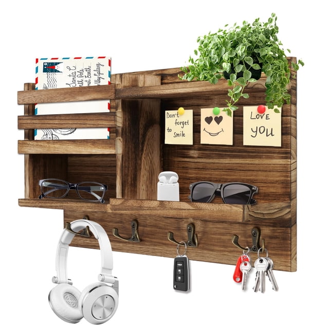 Soporte de pared para llaves de madera maciza Eryvik con 8 ganchos, color marrón quemado