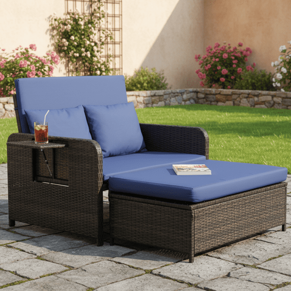 Patio Rattan Daybed Set, 2-in-1 Wicker Loveseat Sofa with Multipurpose Ottoman & Retractable Side Tray, 5-Level Adjustable Backrest, Footstool with Storage, Seat & Back Cushion Included, Brown