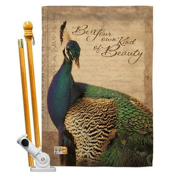 Breeze Decor BD-BI-HS-105043-IP-BO-D-US13-PL 28 x 40 in. Peacock Garden Friends Birds Impressions Decorative Vertical Double Sided House Flag Set & Pole Bracket Hardware