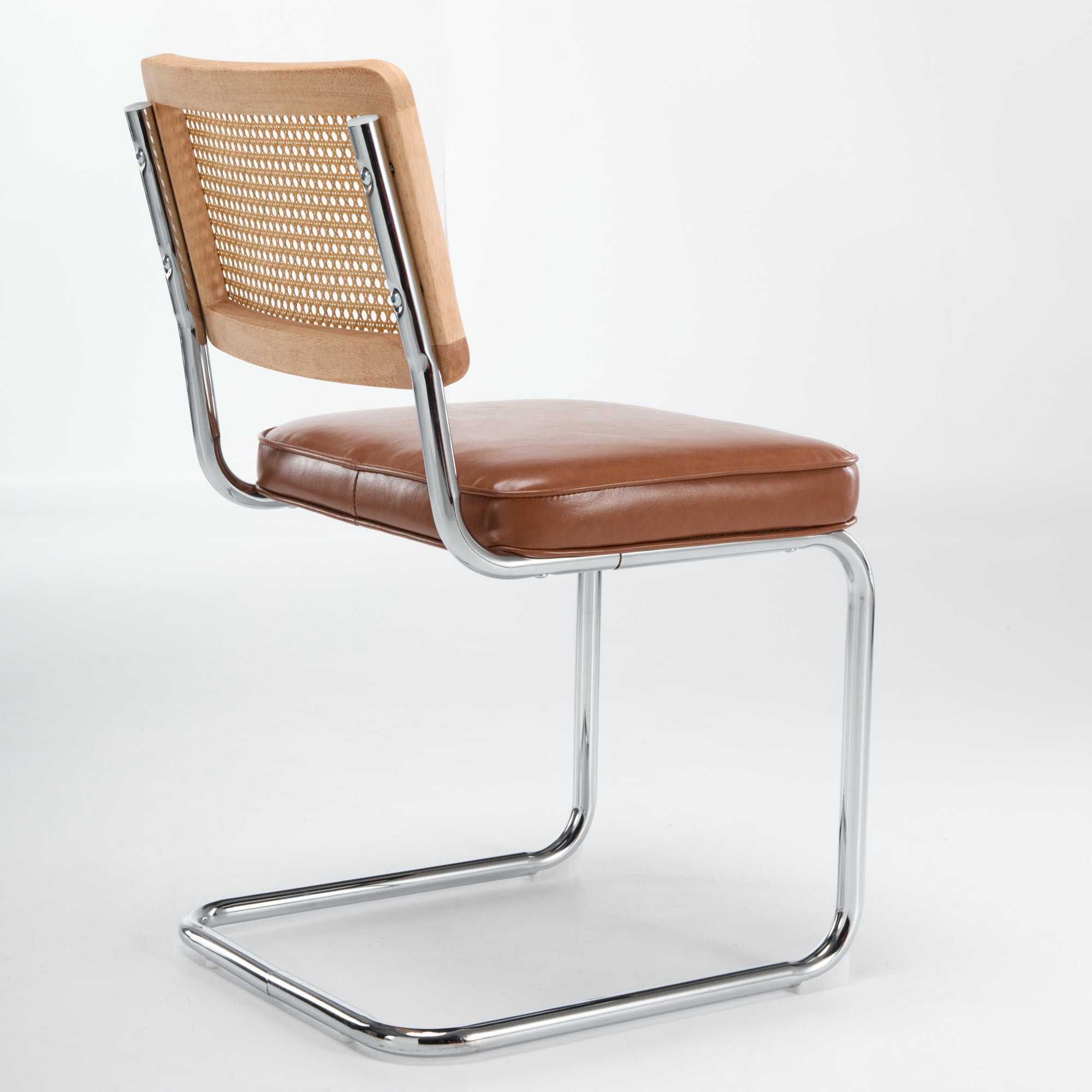 GARITIN Dining Chairs Set of 2, Mid-Century Cane Rattan Dining Chair with Solid Wood Frame, Faux Leather Seat, Cantilever Chrome Metal Armless Side Chair for Kitchen, Brown