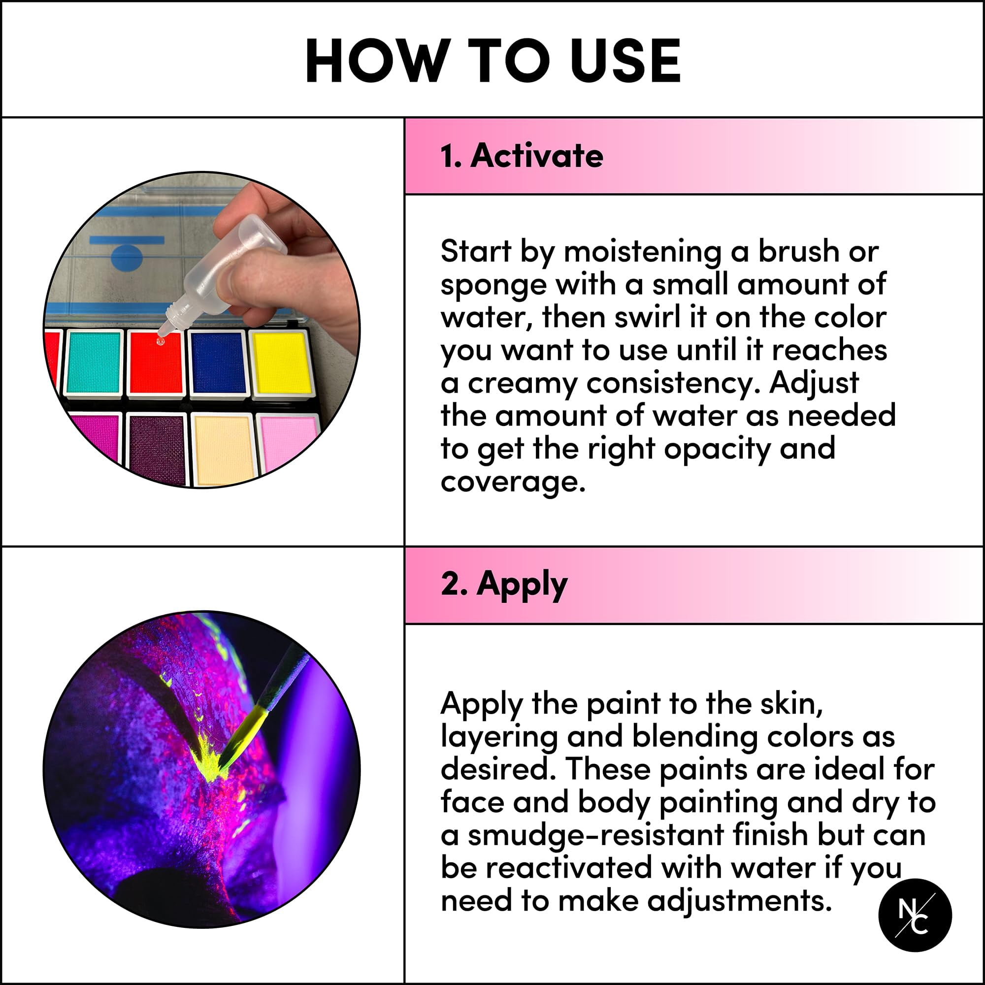 Narrative Cosmetics UV 12-Color Palette - Water-Activated Neon Glow Makeup for Face & Body - Fluorescent Shades for SFX, Party Makeup, Cosplay & Theatrical Performances