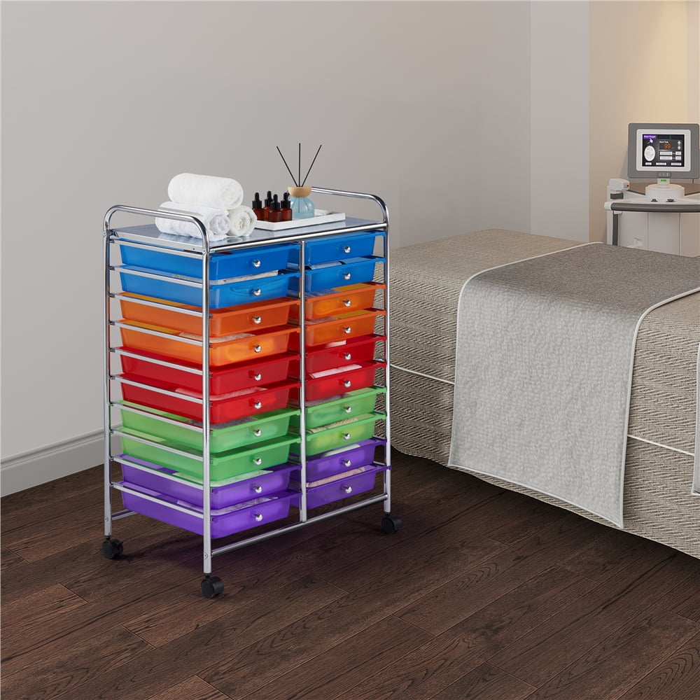 3.95 Gallon 20 Drawer Rolling Metal and Plastic Storage Bin with Wheels,  25.00 X 14.00 X