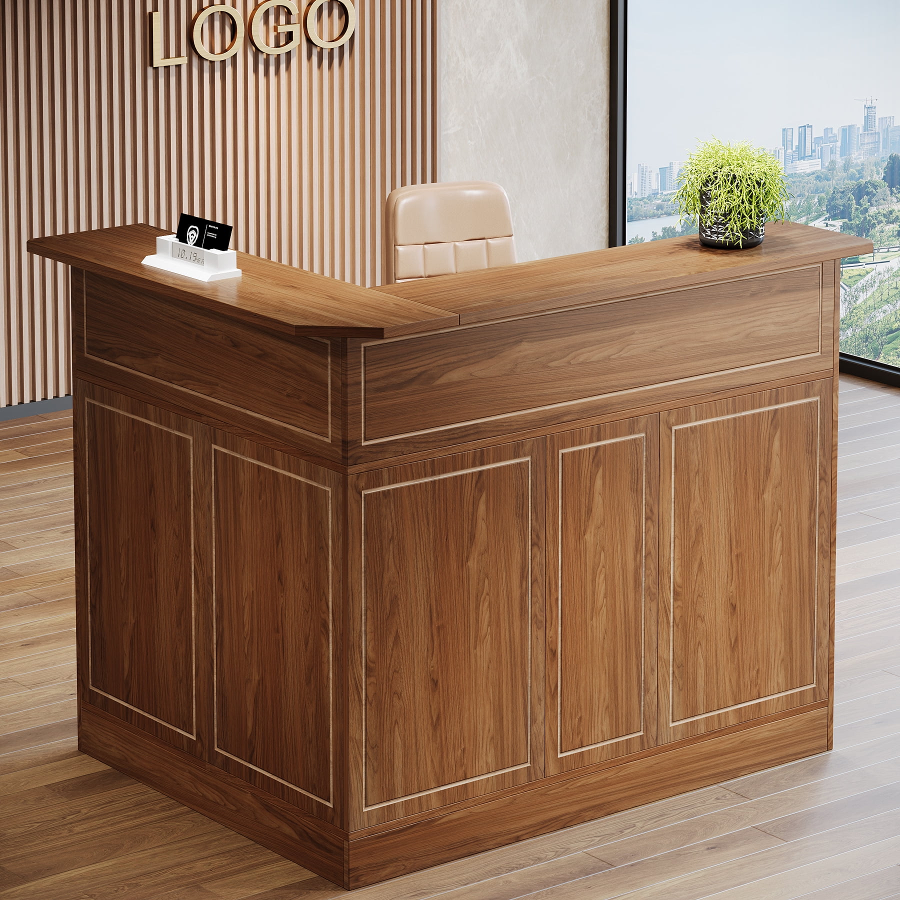 Finmind L-Shaped Reception Desk with Storage Shelves, Modern Front Counter Table for Office, Salon, Checkout Office, Vintage Brown