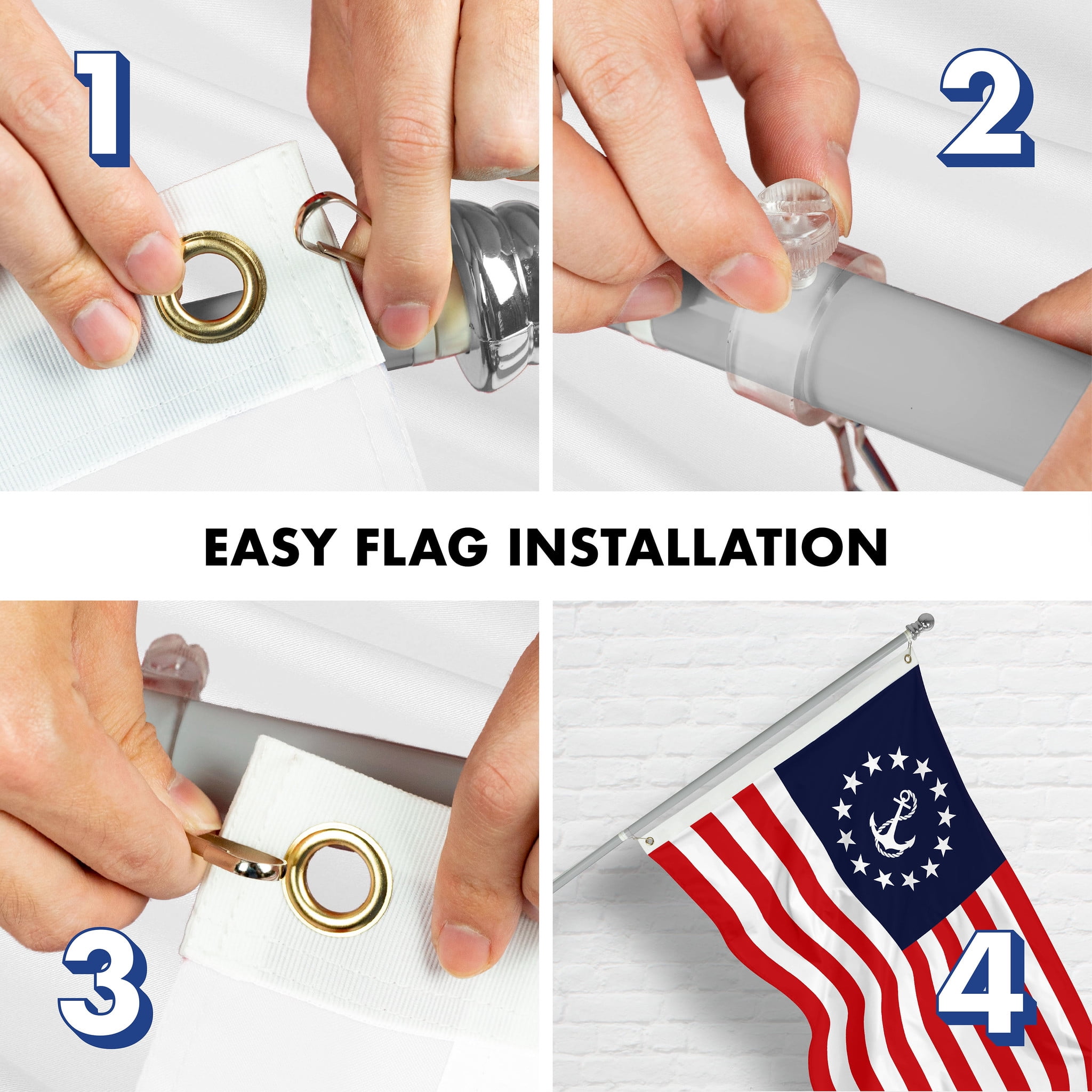 G128 Combo Pack: 6 Ft Tangle Free Aluminum Spinning Flagpole (Silver) & American USA Yacht Ensign Flag 3x5 Ft, LiteWeave Pro Series Printed 150D Polyester | Pole with Flag Included