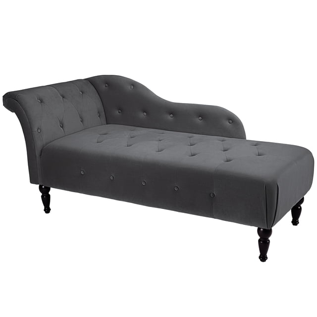Sillón Chaise Longue de Terciopelo – Respaldo Reclinable – Brazo Izquierdo – Botonadura Decorativa – Patas Altas de Madera – Dormitorio, Sala u Oficina