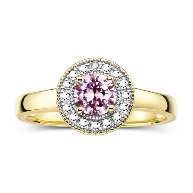 RYLOS Rings for Women 14K Yellow Gold Halo Ring with Round 4MM Gemstone & Diamonds October Pink Ice Jewelry Size 10