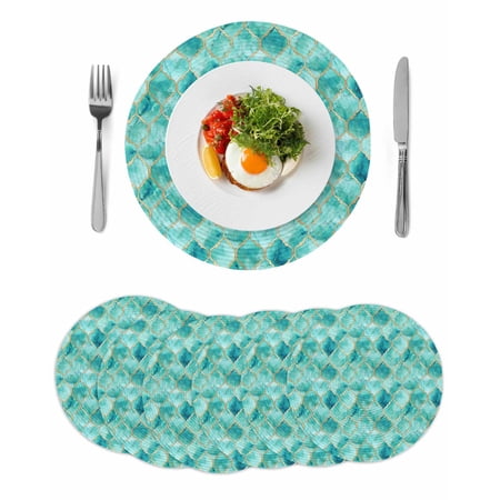Round Placemats Turquoise White Marble 15 inch Set of 6 Table Mats for Dining Table Lattice Modern Art Heat Resistant Non-Slip Kitchen & Home Decorative Place Mat Set