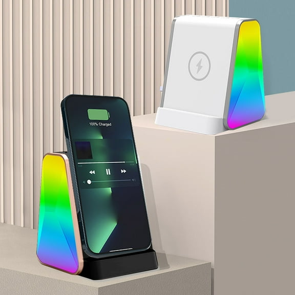 Usloyux under $5 1Pcs Wireless Charger, 2-in-1 Wireless Charging Station with Bluetooth Speaker, 15W Fast Charger with RGB Lights, Desktop Charger with Cool Light Effects