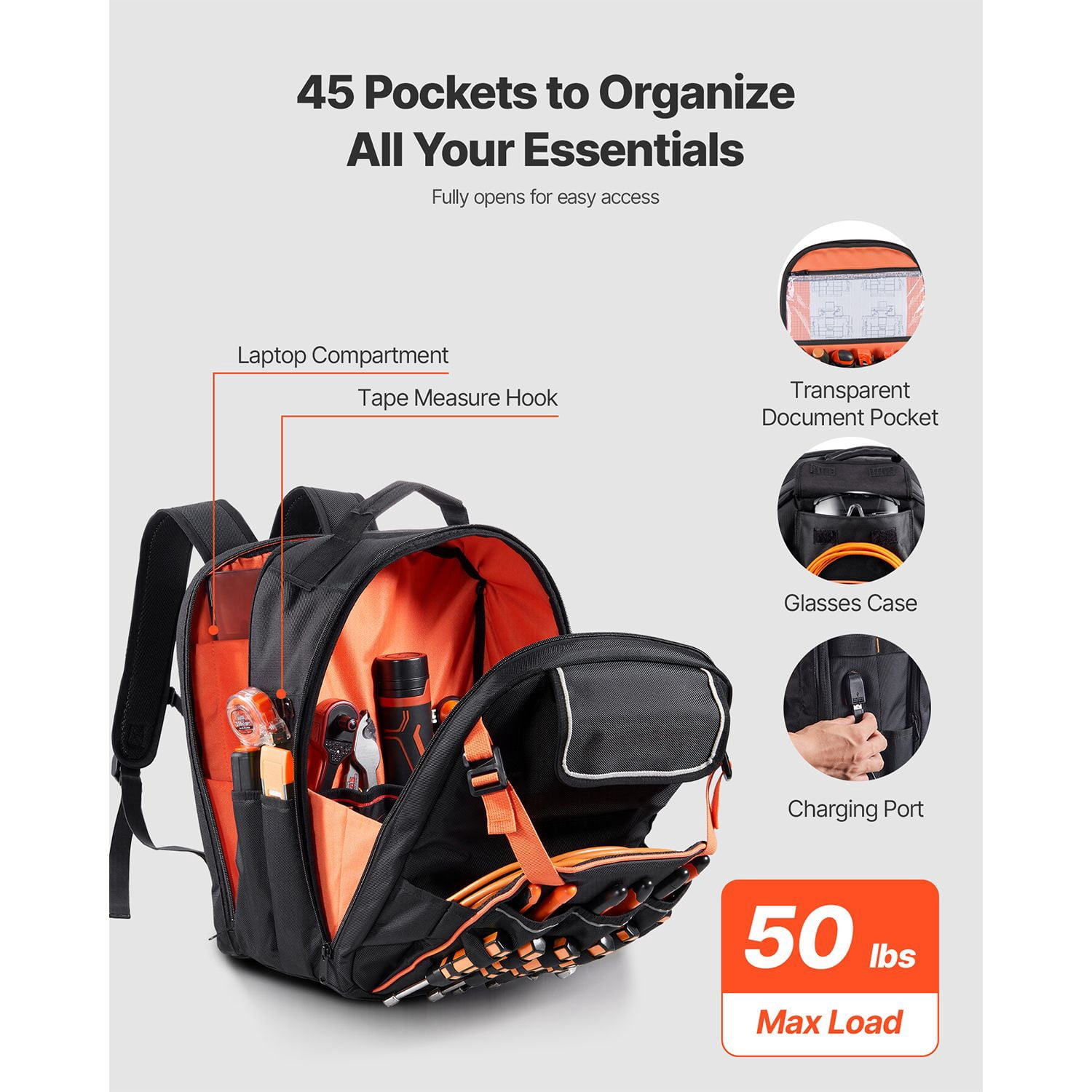 Tool Backpack 45 Pockets 1680D Oxford 50 lbs Capacity with Laptop Compartment for Electrician