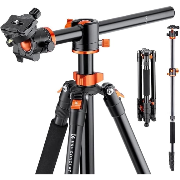 K&F CONCEPT 73 inch /186cm Camera Tripod,Transverse Center Column Aluminium DSLR Tripod with 360 Degree Ball Head 10kg Load Capacity,Quick Release Plate,Detachable Monopod T255A3 BH-28L
