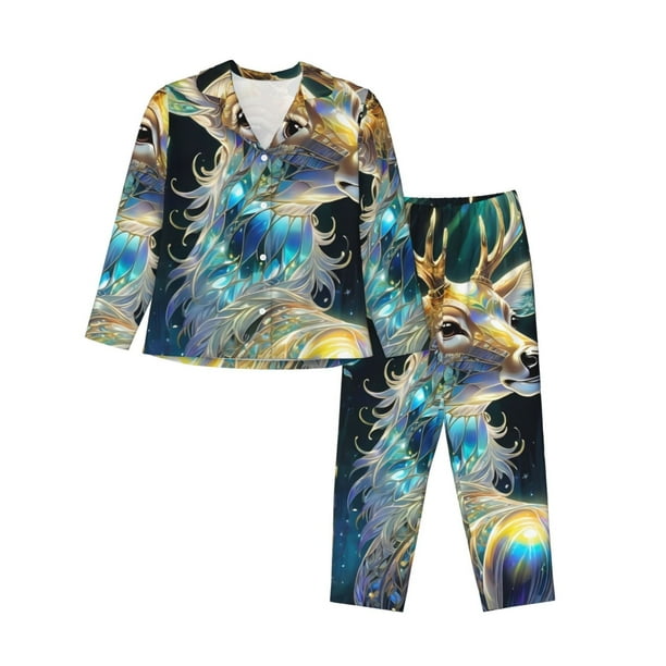 Balery Colorful Stained Glass Deer Conjunto de Pijama con Estampado para Mujer, Conjunto de Dos Piezas con Manga Larga, Ropa de Dormir Suave con Bolsillos, Pijamas Cómodos-Large