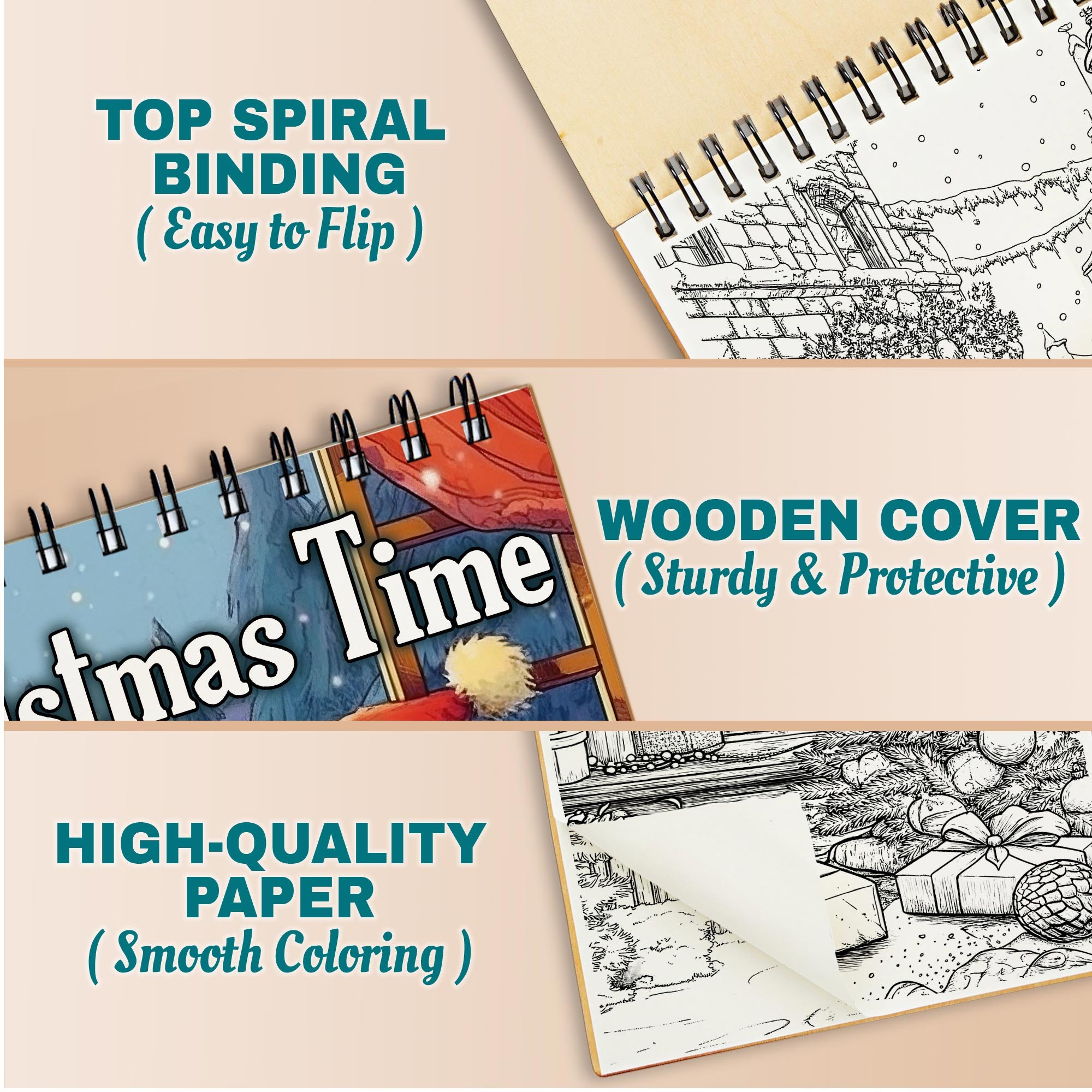 Netecom Christmas Time Coloring Book Spiral Bound For Adults, A5 Wooden Cover, 30 Magical Coloring Pages of Winter Festivities for Stress Relief and Relaxation
