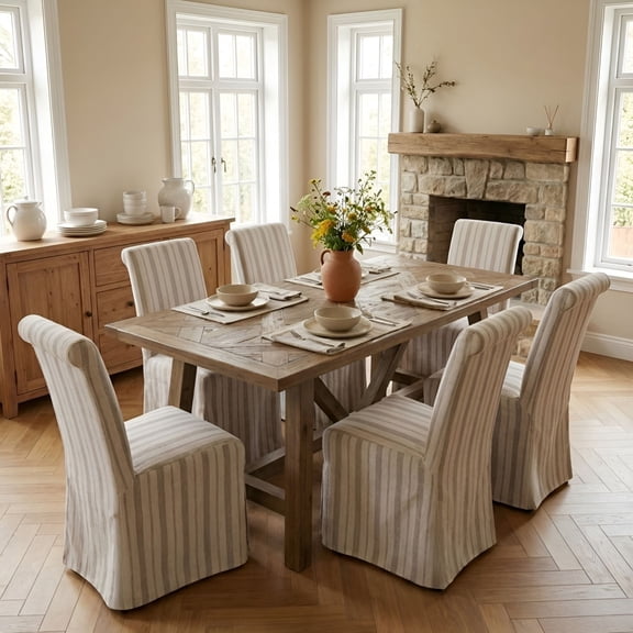 Dayalane 63" Farmhouse Dining Table Set for 6, Solid Wood Kitchen Table Set with Linen High Back Slipcovered Parsons Dining Chairs for Kitchen Dining Restaurant, 6 Stripe Chairs & 1 Walnut Table
