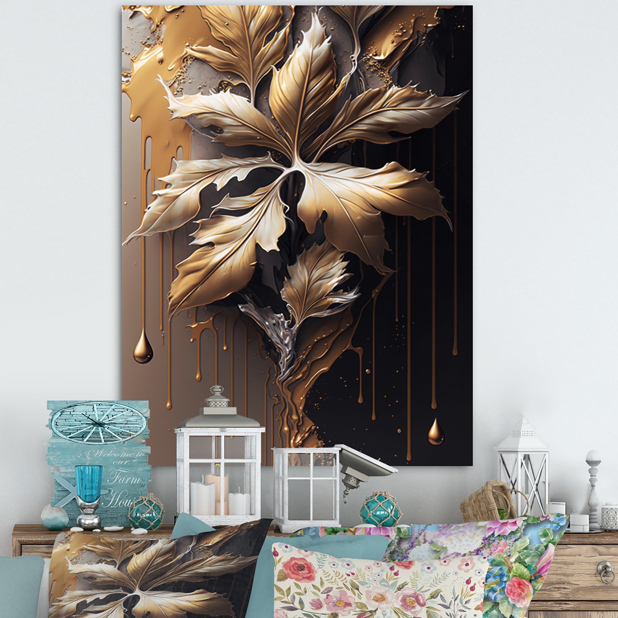 Designart Gold Abstract Leaves I Canvas Wall Art
