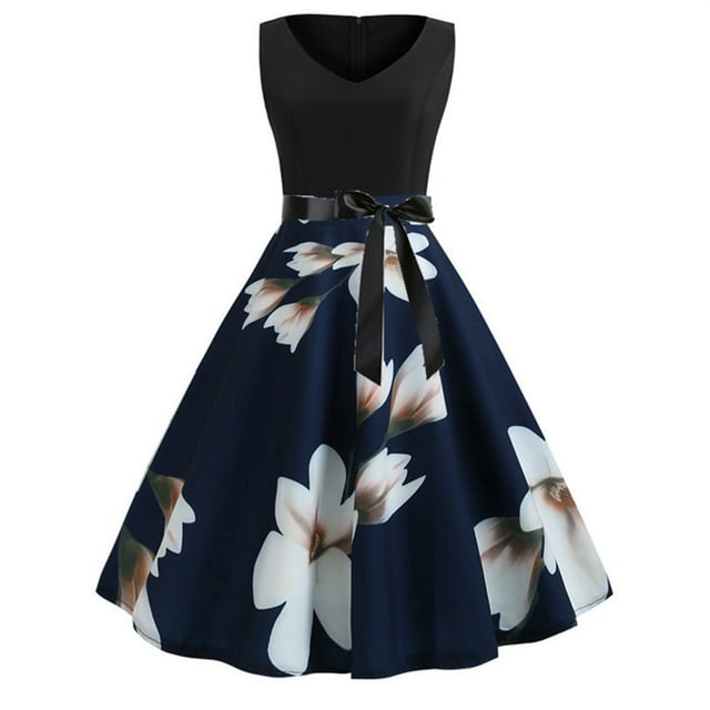 EQWLJWE Longue Robe pour Femmes Mode pour Femmes Imprimé Vintage Col en V Sans Manches Robe Aguichant Évasée