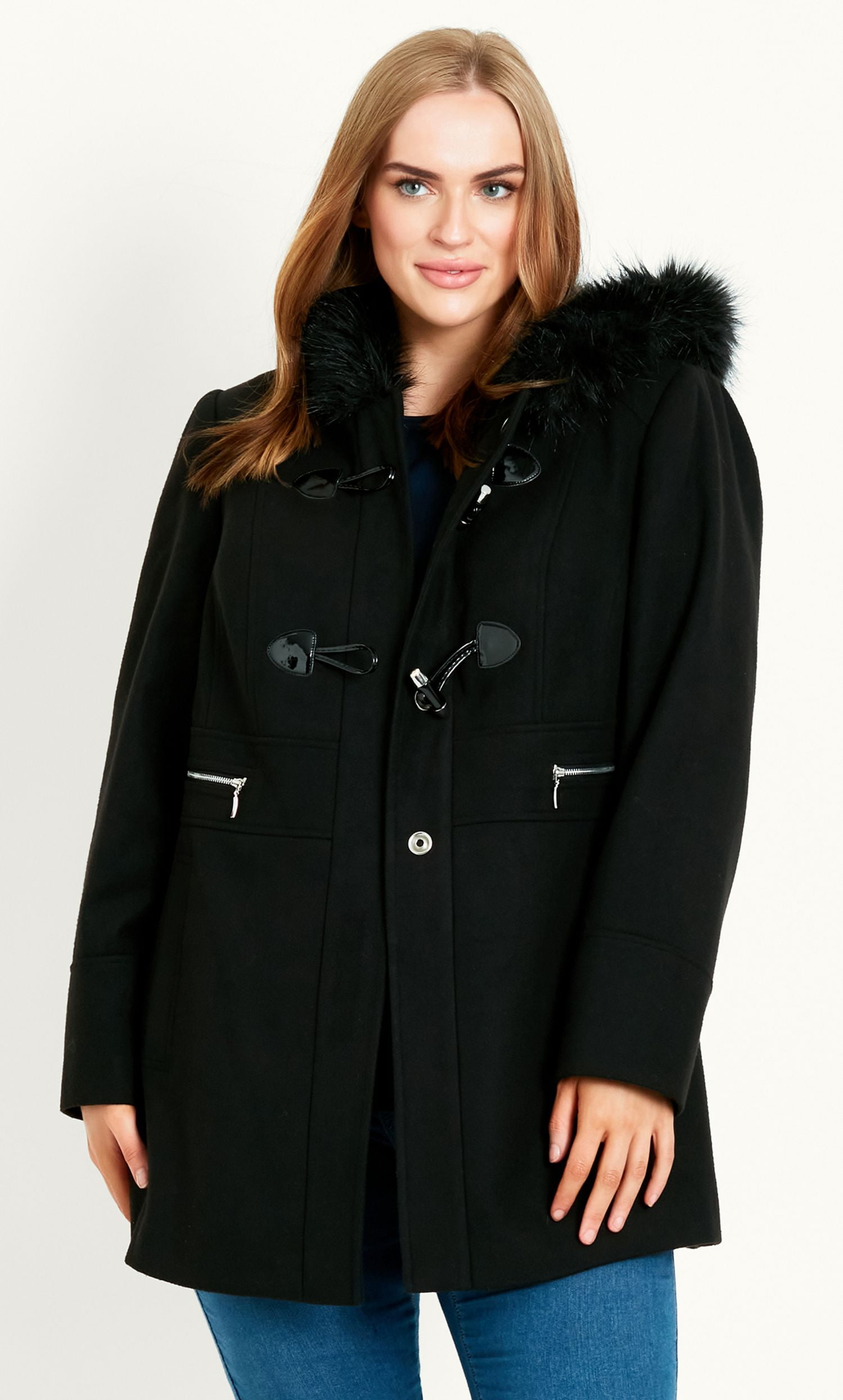 Evans Plus Size Duffle Coat Faux Fur Trim Button Up Front - Walmart.com