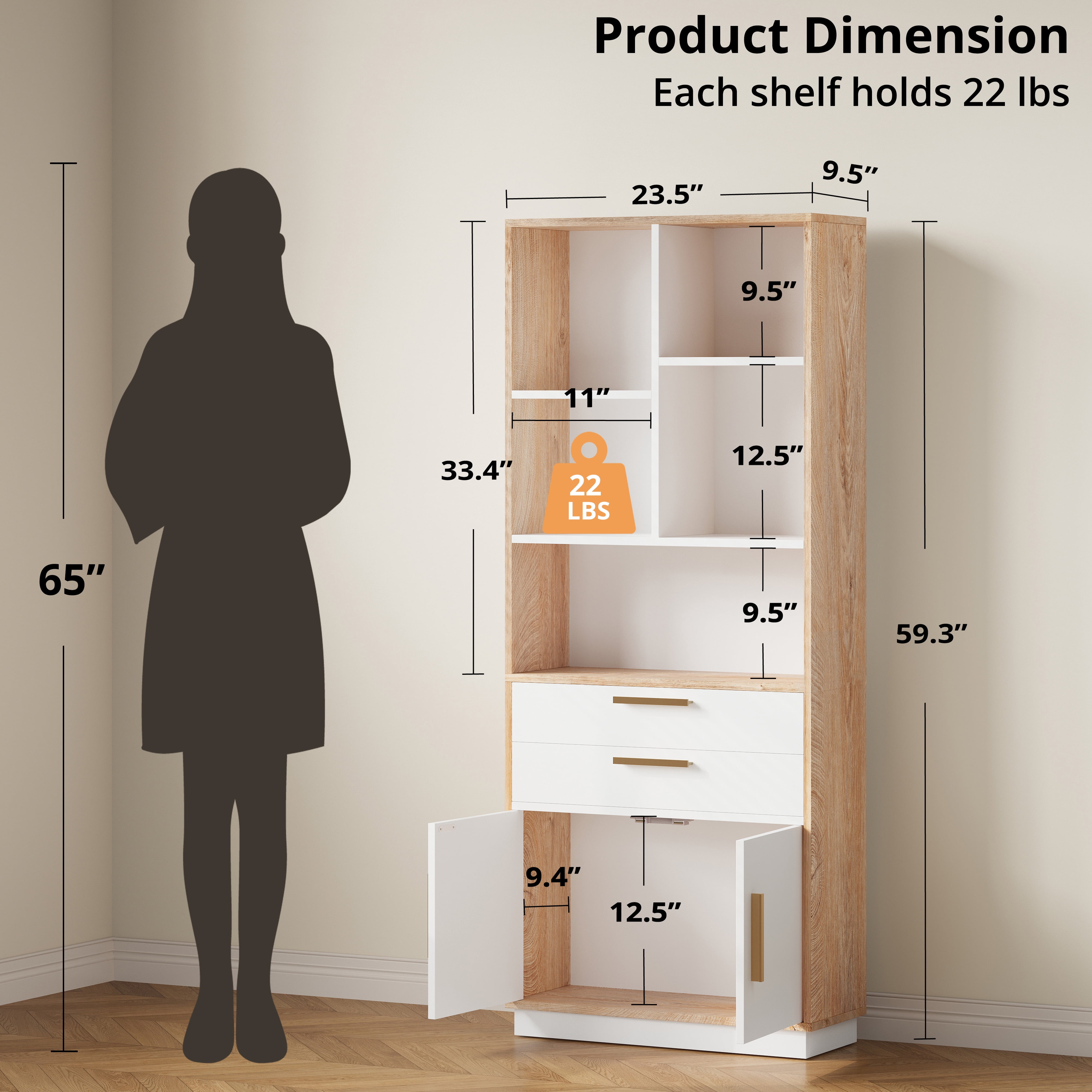 ModernMate 59" Tall Wooden Bookcase with 2 Drawers, Modern Bookshelf with Doors, 8 Open Storage Cubes, Storage Organizer Freestanding Rack for Living Room Home Office Study Room