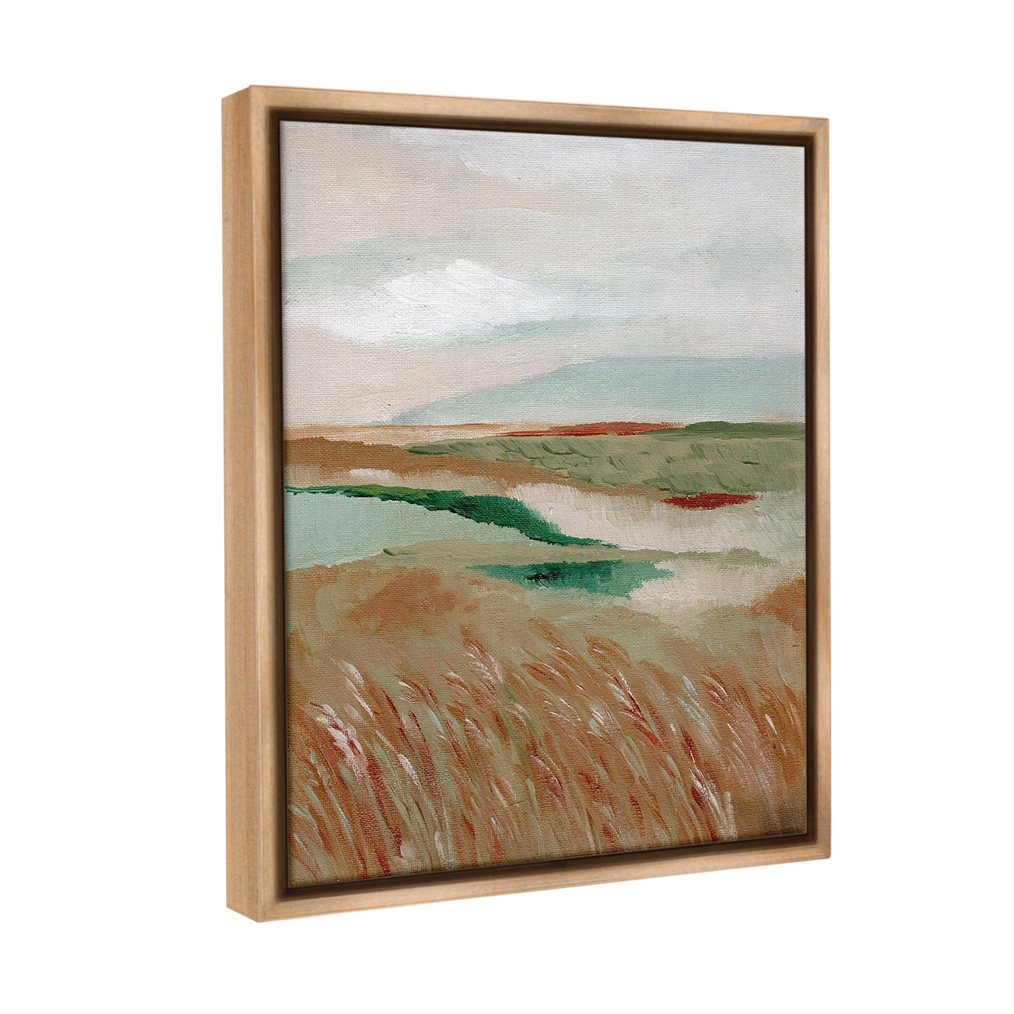 Stupell Industries Abstract Pasture with River Landscape Painting Brown Floater Framed Canvas Art Print Wall Art, 25 x 31