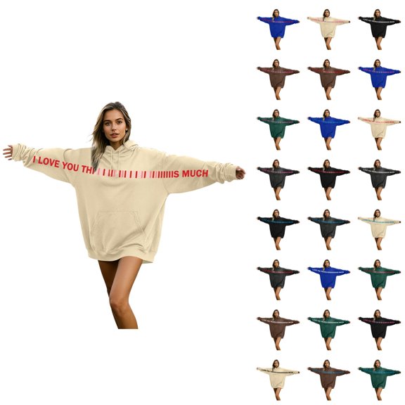 Oversized Hoodies for Women Men 2026 Trendy Long Sleeve Valentines I Love You This Much Sweatshirt with Pockets for Couples