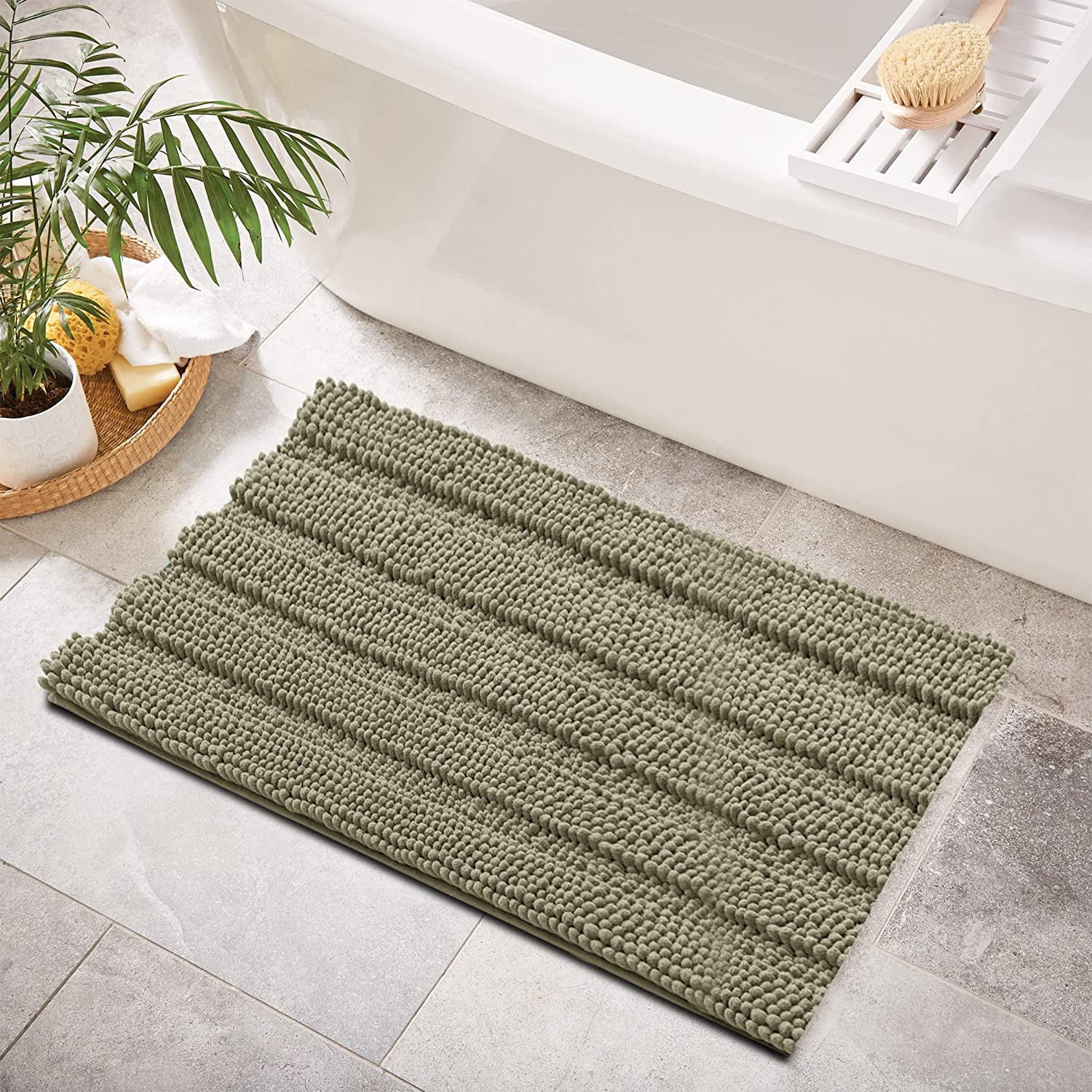 Subrtex Non-Slip Bathroom Rugs Chenille Soft Striped Plush Bath Mat (Taupe Brown, 20" x 32")