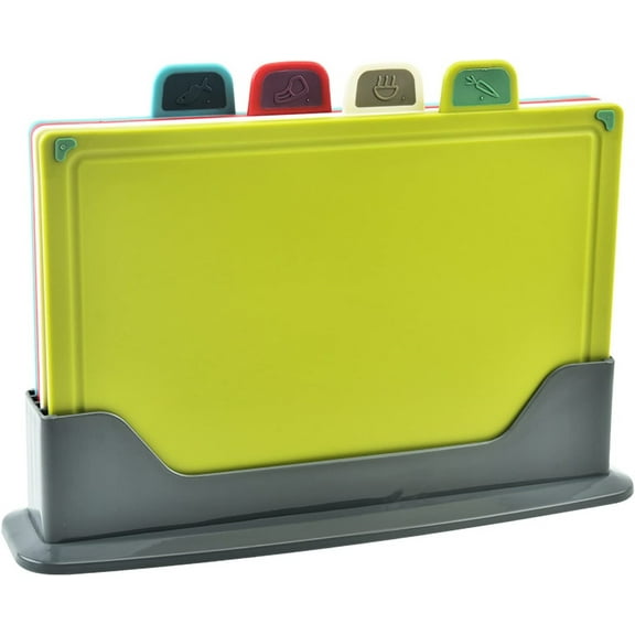 NOGIS Kitchen Artist | 4 pieces Color-Coded Plastic Cutting Board Set with stand | Keep Kitchen Organized | Separate Cooked and Food | Compact & Save Space