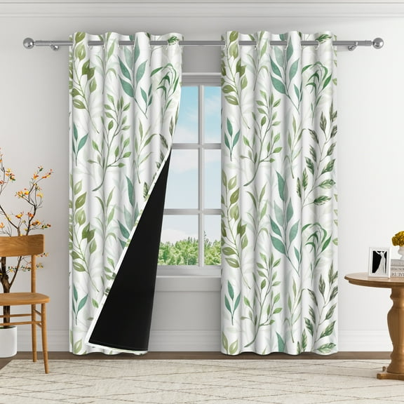 Aofoto Grommet Ombre Room Darkening Curtains for Living Room, Green Leaf Sound Proof Window Drapes for Bedroom,2 Panels, 52x84nches