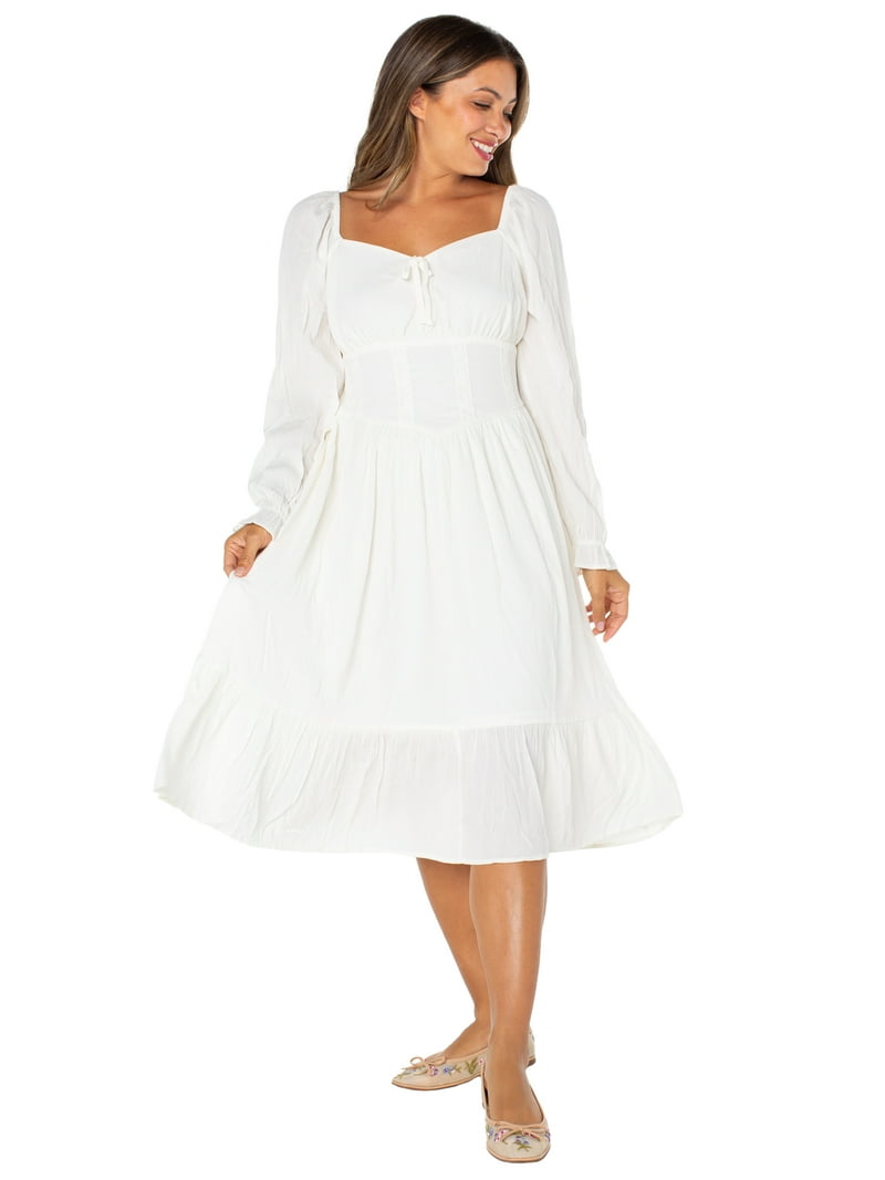 knee length dresses for ladies Lara 51076 Gloria Long Sleeve Beaded Midi Dress Ivory / 2 main image 1