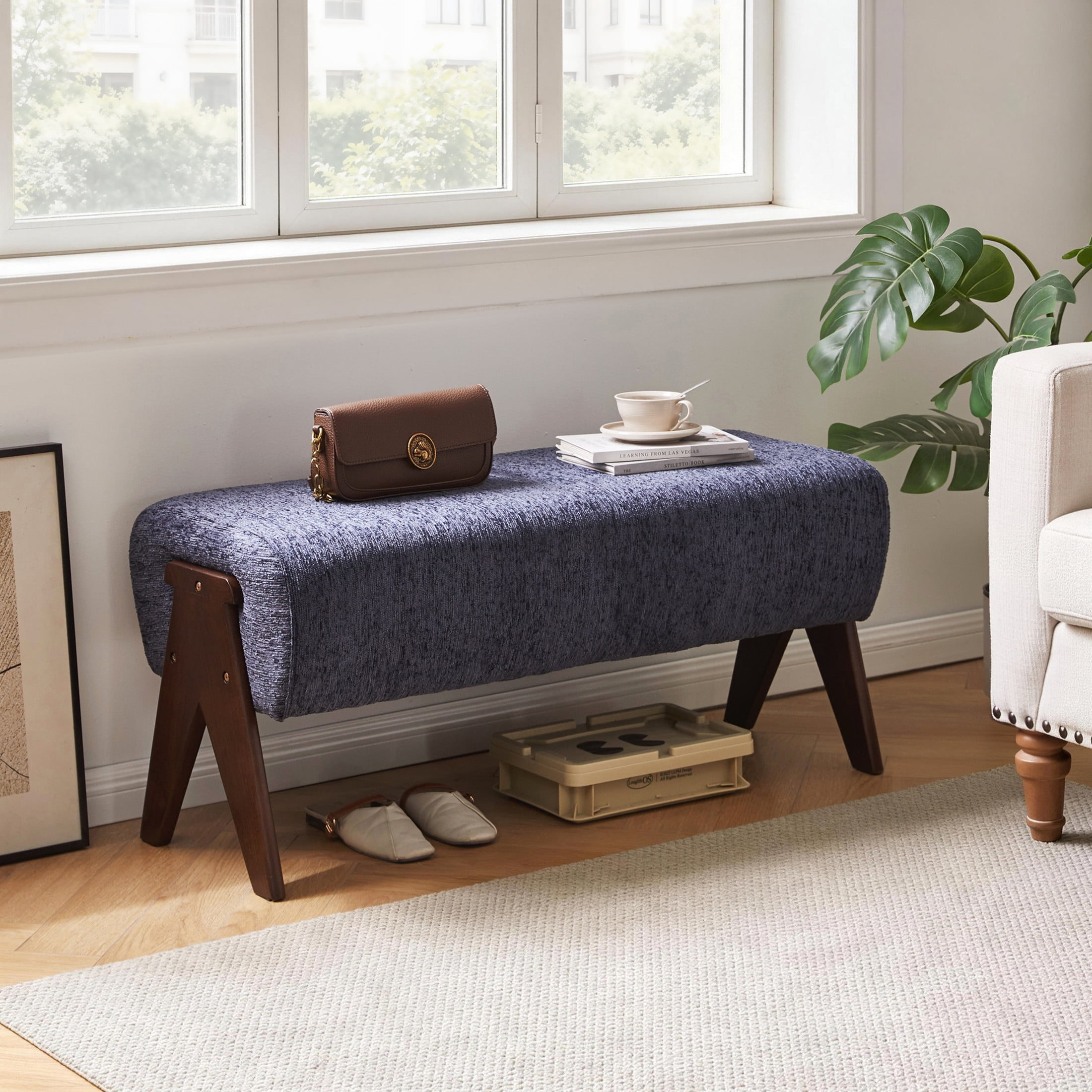 Noble House Chenille Upholstered Bench with Solid Rubberwood Legs, Modern Padded Entryway Bench, Blue