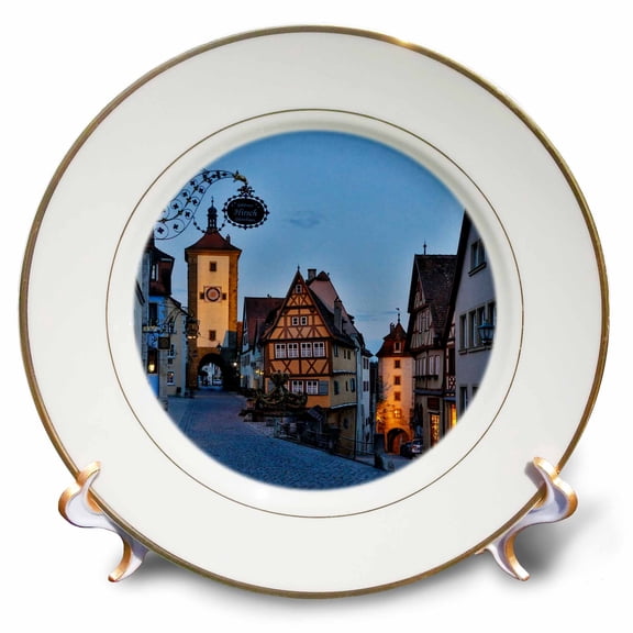 3dRose, Germany, Rothenburg ob der Tauber, Ploenlein Triangular Place at night, 8 inch Porcelain Plate