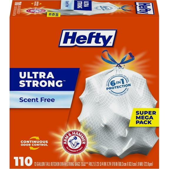 Ultra Strong Trash Bags, Tall Kitchen 13 Gallon Size, Drawstring Closure, Continuous Odor Control, White, Unscented, 110 Bags