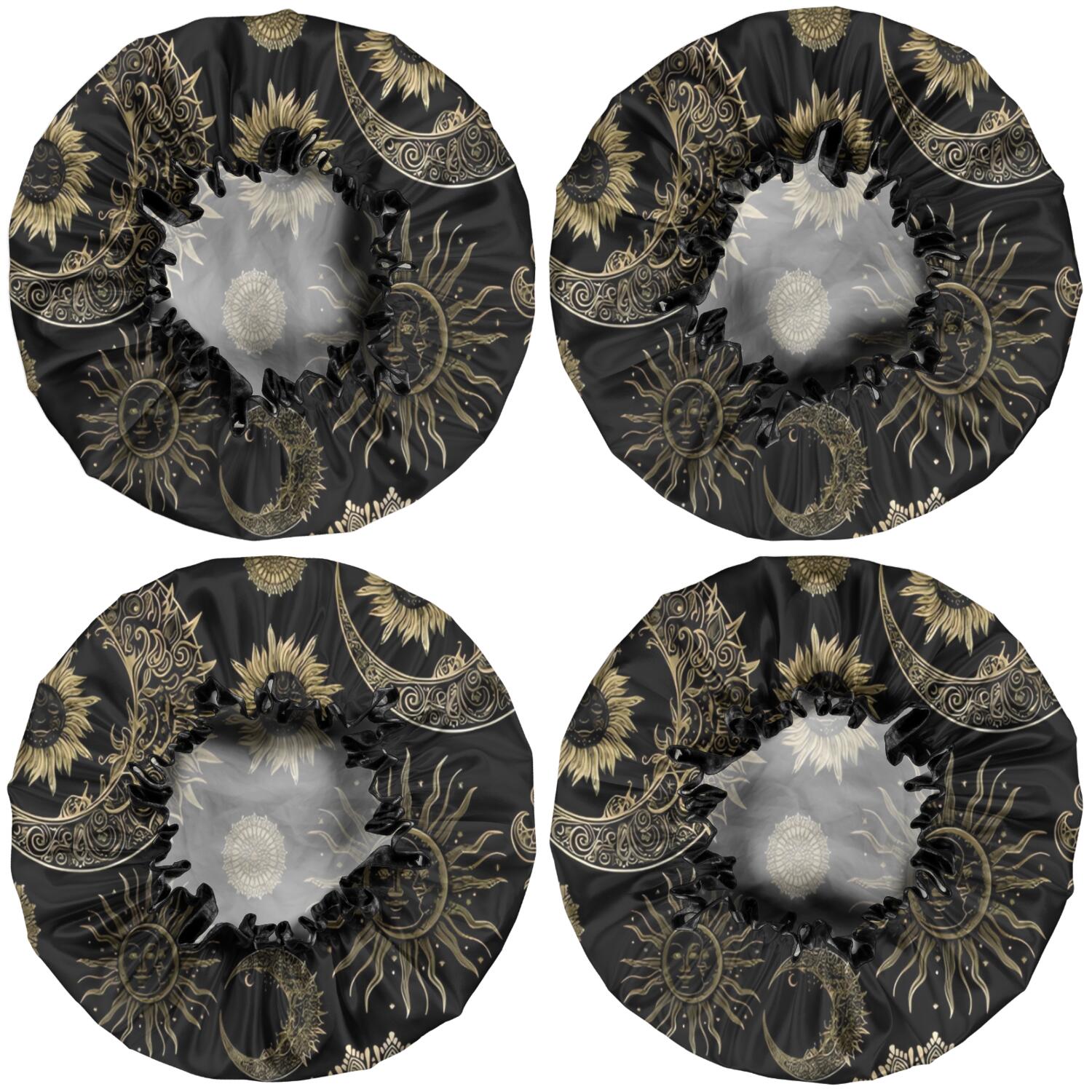 Shower Caps,Black Gothic Sun Moon Pattern Waterproof Shower Cap for Women 4 Pieces,Double Reusable Hair Cover for Shower PEVA Elastic Stretch Hem