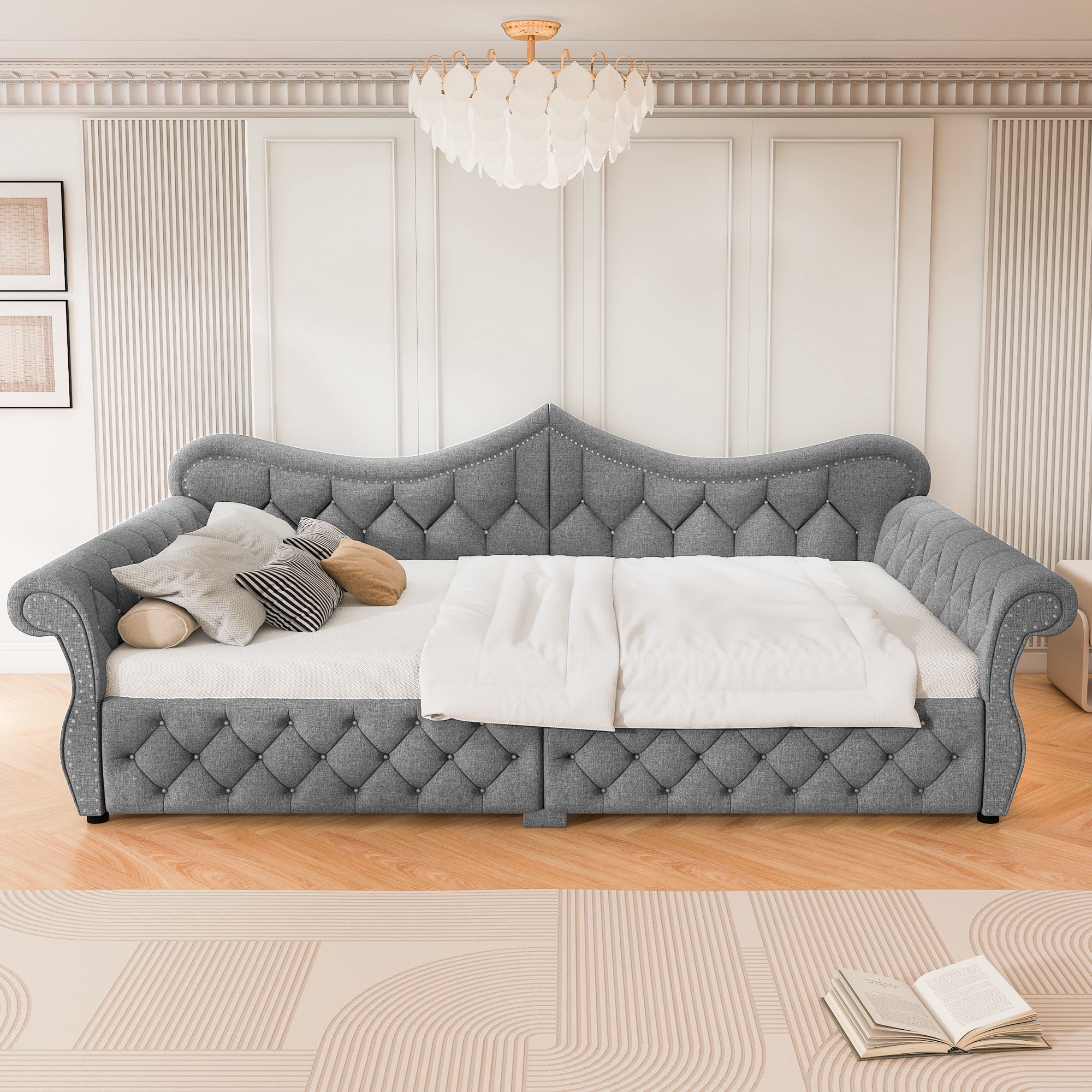 Euroco Upholstery Queen Size Daybed, Sofa Bed with LED Light, Gray